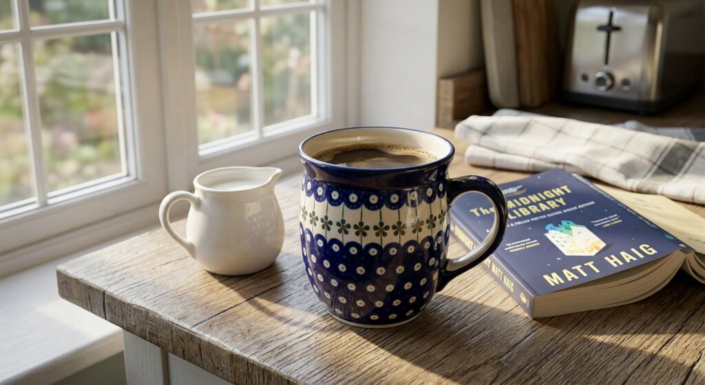 Polish Pottery Coffee Mug Bubble 16 oz Night Sky on a wooden worktop in morning light