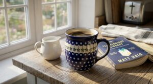 Polish Pottery Coffee Mug Bubble 16 oz Night Sky on a wooden worktop in morning light