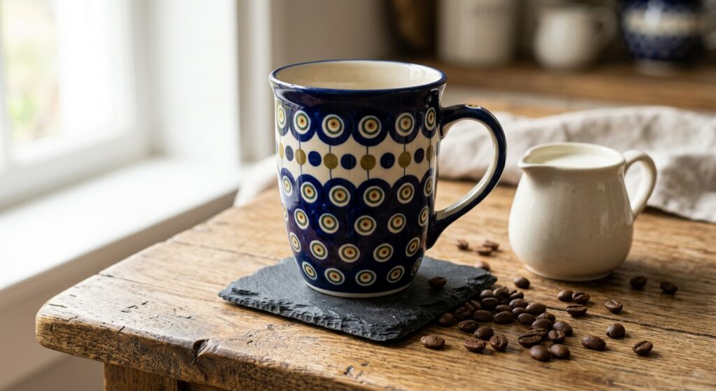 Polish pottery ceramic bubble mug in Night Sky pattern on a wooden kitchen table with morning light