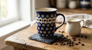 Polish pottery ceramic bubble mug in Night Sky pattern on a wooden kitchen table with morning light