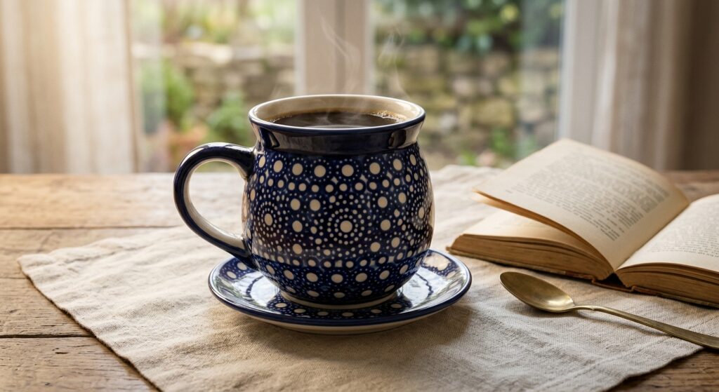 Polish Pottery ceramic bubble mug in Night Sky pattern on a linen cloth with a steaming coffee