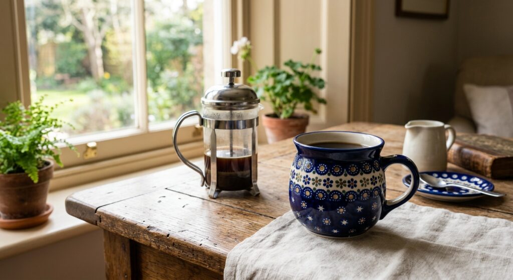 Polish Pottery Ceramic Bubble Mug in Night Sky pattern on a wooden breakfast table