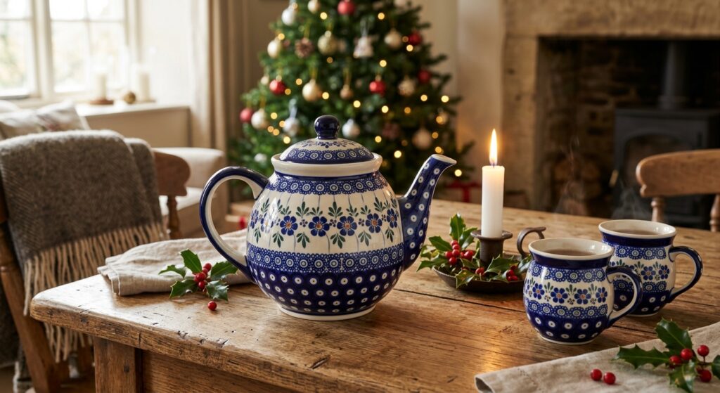 Bolesławiec ceramic teapot on a festive Christmas table with holly and candles