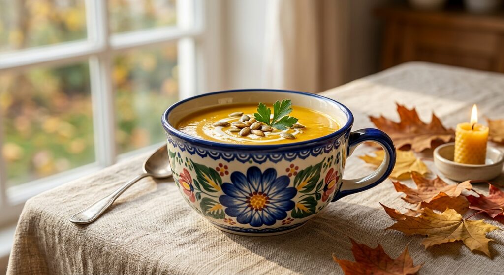 Handmade Bolesławiec loop-handle ceramic bowl with Bloom Garden pattern, styled for an autumn table setting