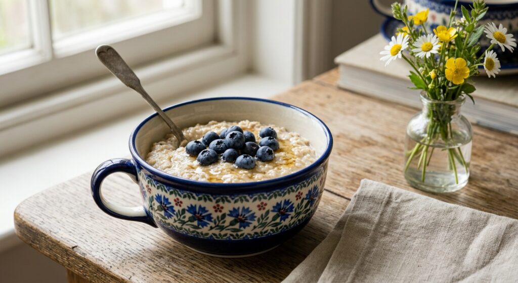 Handmade Bolesławiec ceramic loop-handle bowl with Bloom Garden pattern filled with porridge and blueberries on a wooden breakfast table