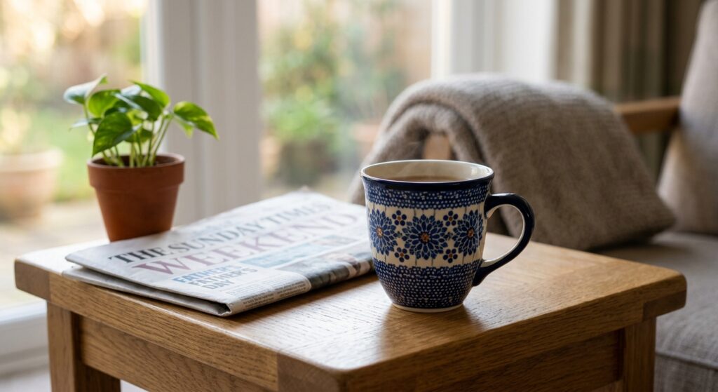 Polish Pottery ceramic mug in blue and white pattern on a wooden table for Father's Day
