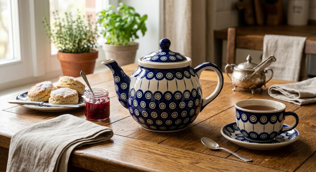 Bolesławiec ceramic teapot on an afternoon tea table with scones, jam and linen napkins