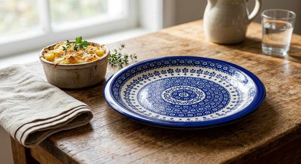 Hand-painted Bolesławiec stoneware plate on a rustic kitchen table ready for oven-to-table serving