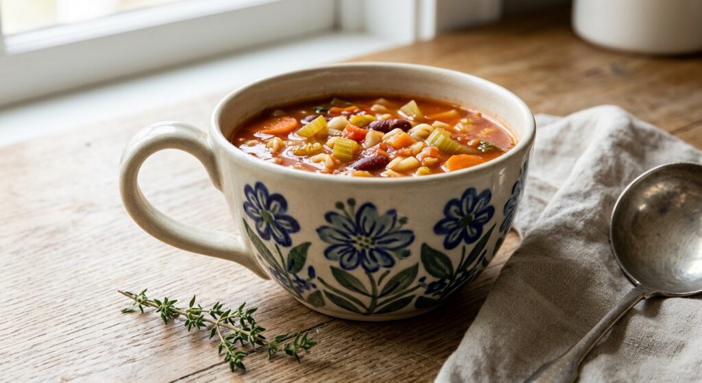 ALMA loop handle ceramic bowl in Bloom Garden pattern filled with batch-cooked soup on a wooden kitchen counter