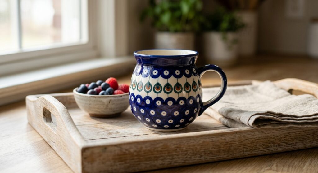 Bolesławiec Polish pottery coffee mug in Night Sky pattern on a morning breakfast tray with berries