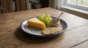 Bolesławiec Polish pottery salad plate in Kiwi pattern styled as a cheese board with crackers and grapes