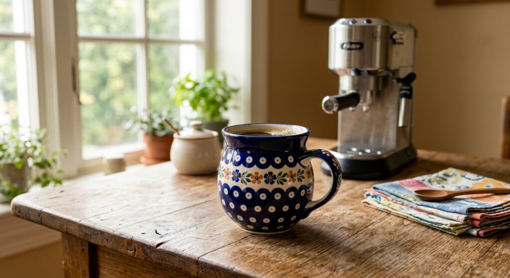 Polish pottery bubble mug in Night Sky pattern on a wooden kitchen table with morning coffee