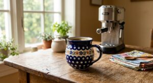 Polish pottery bubble mug in Night Sky pattern on a wooden kitchen table with morning coffee