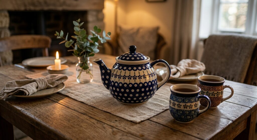 Bolesławiec hand-painted ceramic teapot on a candlelit date night table set for two