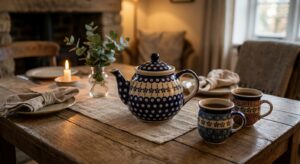 Bolesławiec hand-painted ceramic teapot on a candlelit date night table set for two