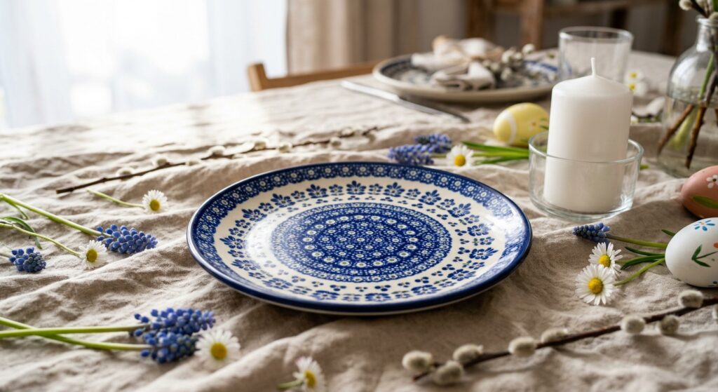 Hand-painted Bolesławiec Polish pottery plate styled on an Easter spring table with flowers and decorated eggs