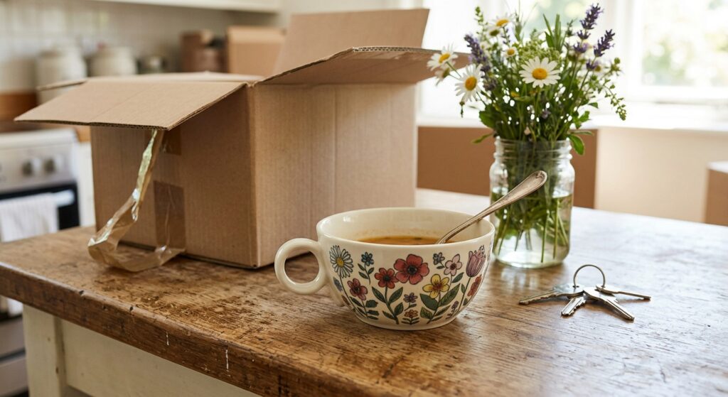 Handmade Polish pottery loop-handle bowl in Bloom Garden pattern on a wooden kitchen worktop with house keys and wildflowers