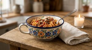ALMA handmade loop handle ceramic bowl filled with pasta, styled on a rustic wooden dining table