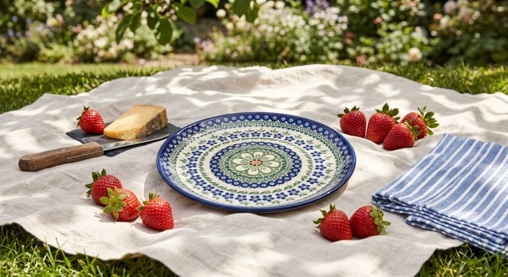 Polish pottery salad plate in Kiwi pattern on a linen picnic blanket with fresh fruit and cheese