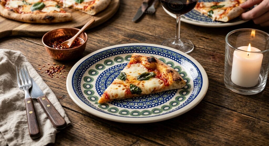 Bolesławiec Kiwi pattern stoneware plate with a slice of pizza on a rustic wooden table
