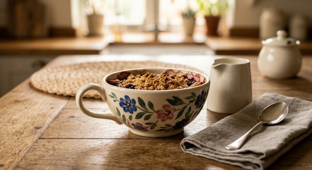 ALMA Bloom Garden loop handle ceramic bowl filled with apple crumble on a rustic wooden table