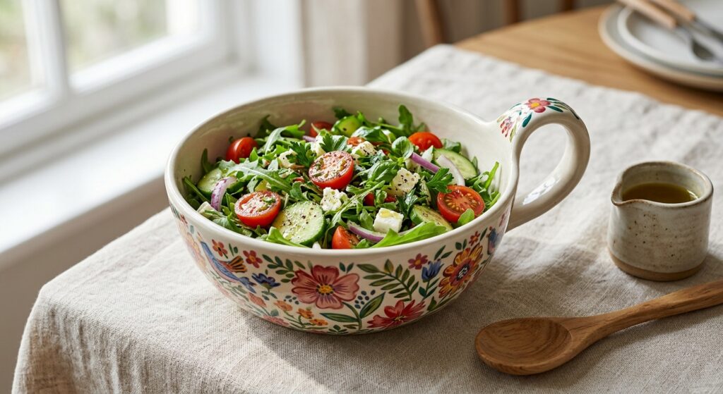 Handmade Bolesławiec loop-handle ceramic bowl filled with fresh mixed salad on a linen tablecloth