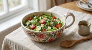 Handmade Bolesławiec loop-handle ceramic bowl filled with fresh mixed salad on a linen tablecloth