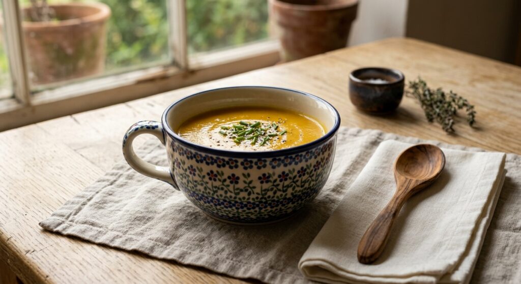 Handmade Bolesławiec Polish pottery loop-handle bowl filled with soup, styled for a cosy solo meal