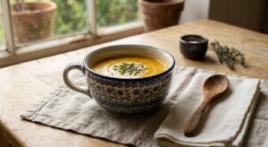 Handmade Bolesławiec Polish pottery loop-handle bowl filled with soup, styled for a cosy solo meal