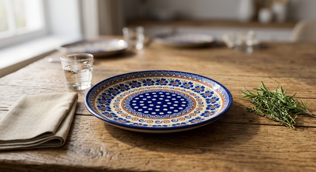 Hand-painted Bolesławiec stoneware dinner plate set on a Sunday lunch table with linen napkin and fresh herbs