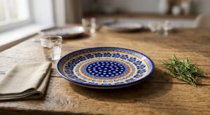 Hand-painted Bolesławiec stoneware dinner plate set on a Sunday lunch table with linen napkin and fresh herbs