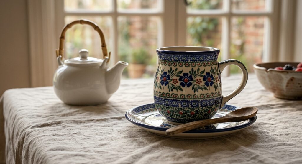 Hand-painted Bolesławiec ceramic mug in cobalt blue floral pattern beside a teapot on a linen cloth