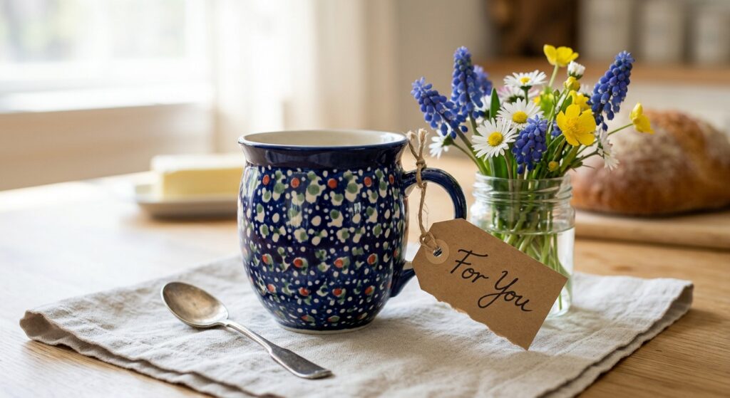 Polish pottery mug in Night Sky pattern styled as a Mother's Day gift on a linen cloth with spring flowers