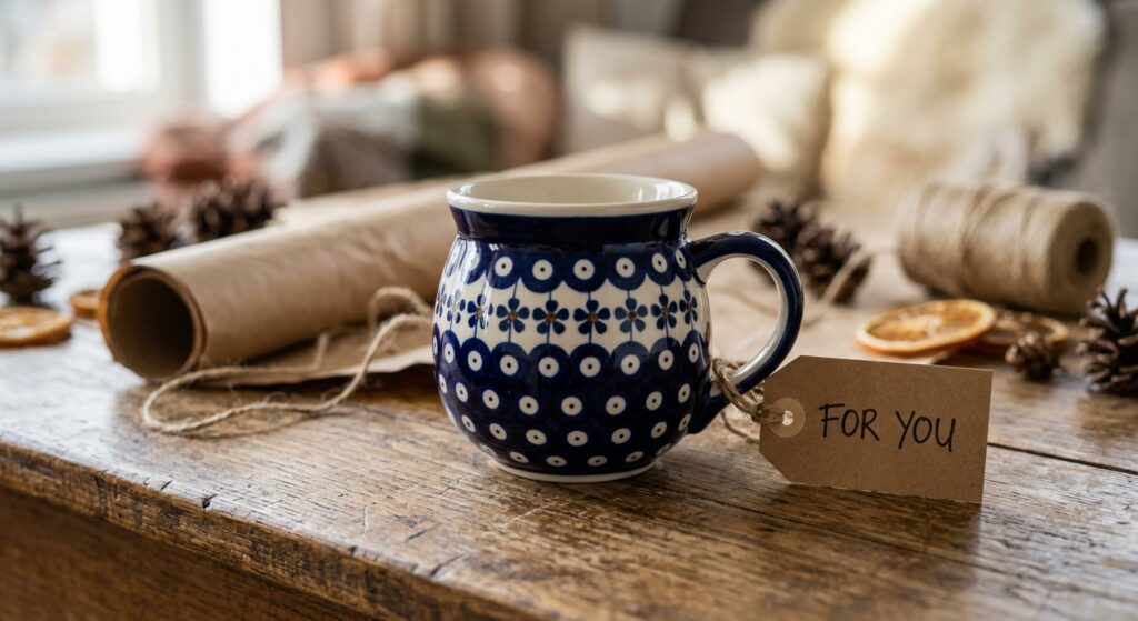 Polish Pottery Bubble Mug in Night Sky pattern presented as a gift on a rustic wooden surface