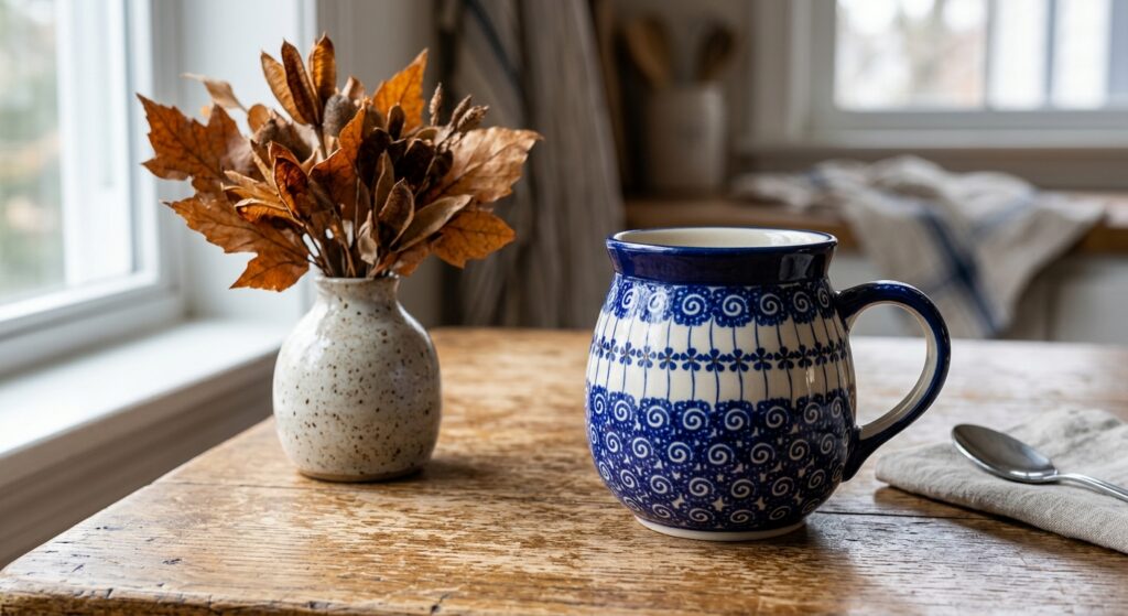 Polish pottery bubble mug in Night Sky pattern on a rustic wooden table with autumn leaves in soft morning light