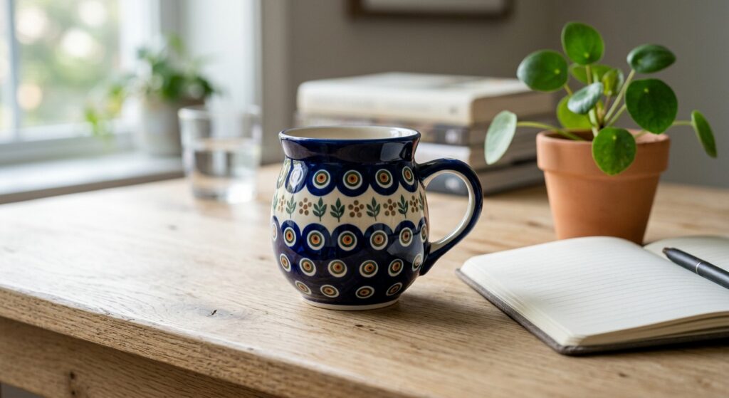 Polish Pottery Bubble Mug in Night Sky pattern on a home office desk in natural light