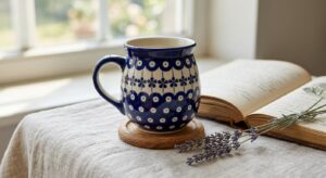 Polish Pottery Bubble Mug 16 oz Night Sky pattern on a linen cloth with soft morning light