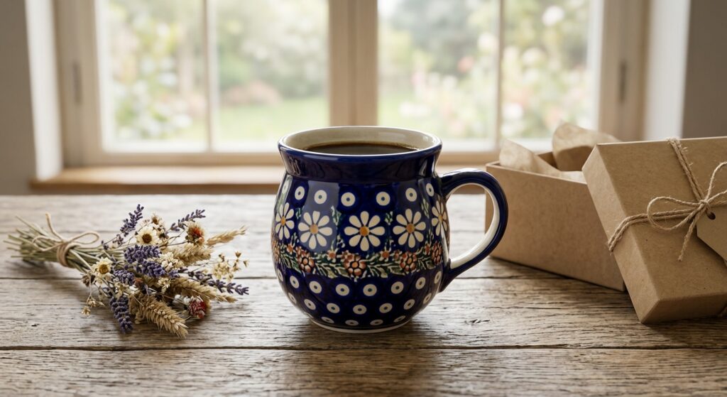 Polish pottery bubble mug in Night Sky pattern on a rustic wooden table with gift wrapping and dried flowers