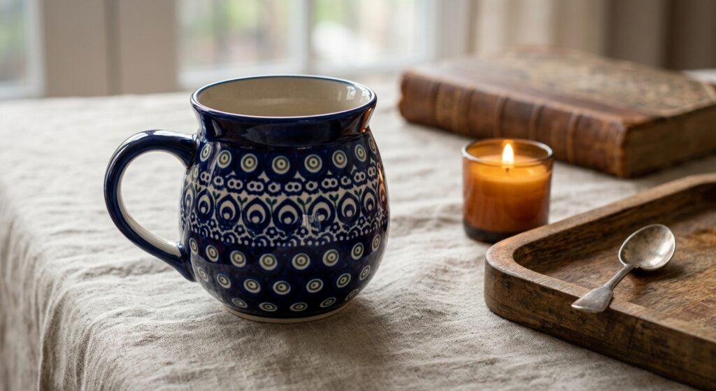 Polish Pottery Bubble Mug in Night Sky pattern on a linen-draped hosting table with candlelight
