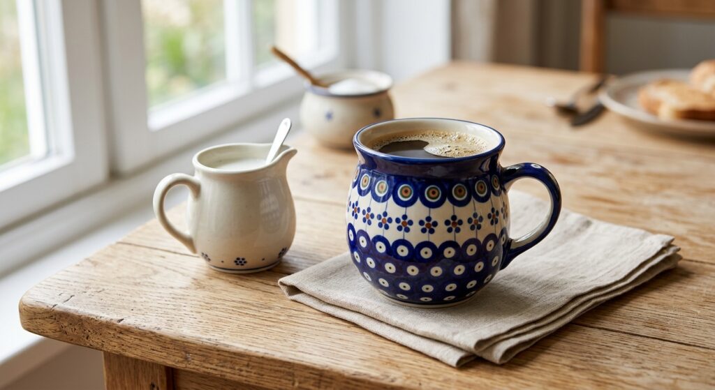 Polish Pottery Bubble Mug in Night Sky pattern on a wooden breakfast table with morning light