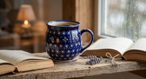 Polish Pottery Bubble Mug in Night Sky pattern on a rainy windowsill with a book and warm lamp glow