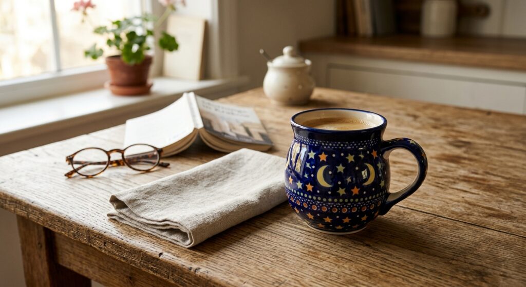 Polish Pottery Bubble Mug in Night Sky pattern on a wooden weekend breakfast table, UK home setting