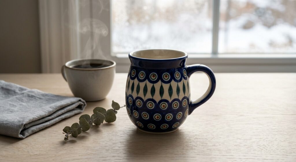 Polish Pottery Bubble Mug in Night Sky pattern on a winter morning table with grey linen and dried eucalyptus