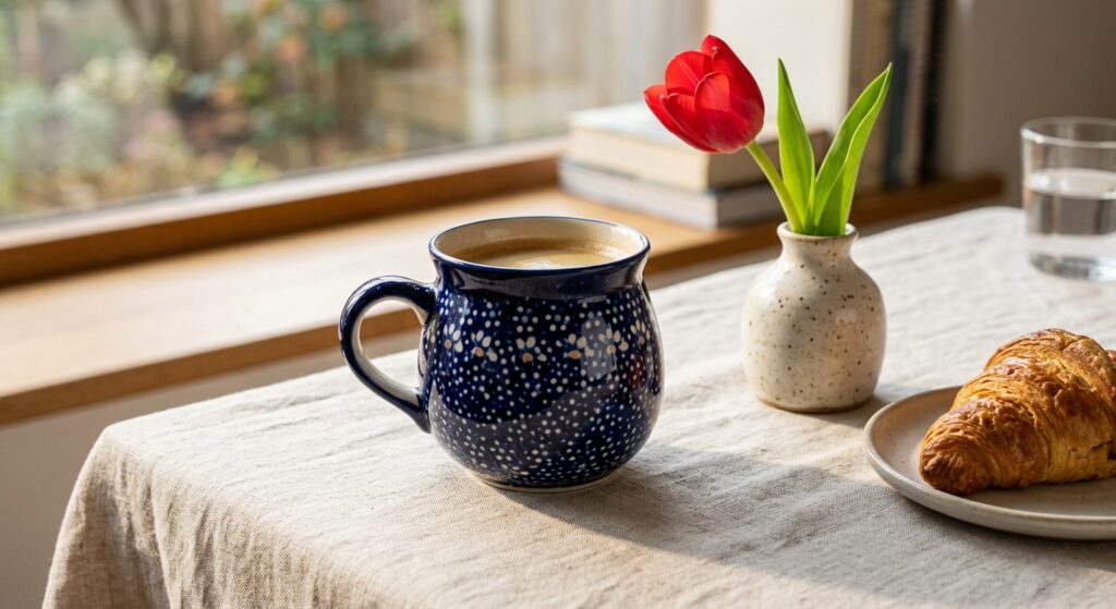Polish Pottery Bubble Mug in Night Sky pattern on a Valentine's morning breakfast table with soft natural light