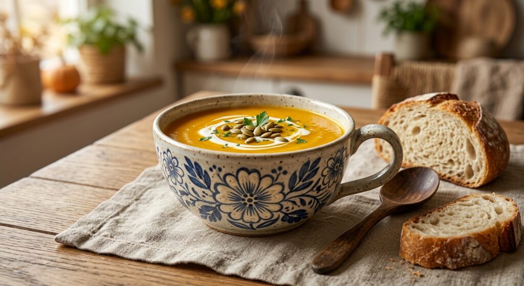 Handmade Bolesławiec loop handle ceramic soup bowl filled with butternut squash soup on a linen placemat