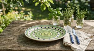 Polish pottery salad plate in Kiwi pattern styled on a wooden garden table for summer alfresco dining