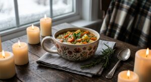 Handmade Bolesławiec ceramic loop handle bowl filled with winter stew on a candlelit table