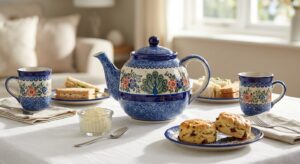 Bunzlauer Keramik 1.7 litre ceramic teapot on an afternoon tea table with scones and handmade pottery