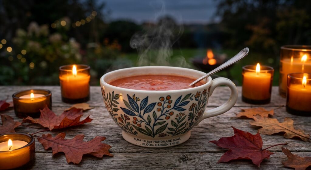 Handmade Polish pottery loop-handle soup bowl filled with steaming soup on a Bonfire Night garden table