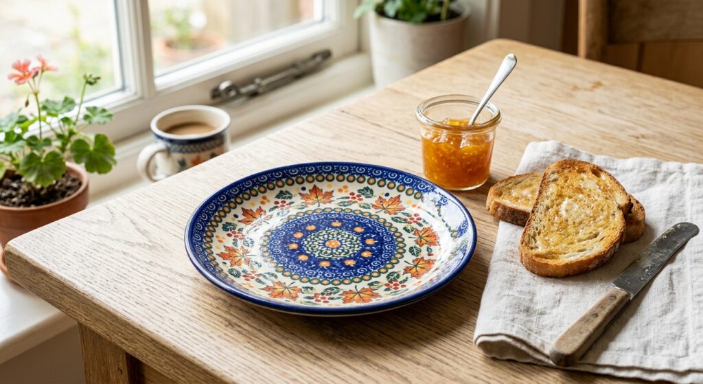 Polish Pottery Maple Harvest bread and butter plate styled on a morning breakfast table with toast and marmalade